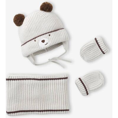 VERTBAUDET Conjunto gorro "Ourson", gola snood e luvas, para bebé bege-argila VERTBAUDET Conjunto gorro "Ourson", gola snood e luvas, para bebé bege-argila