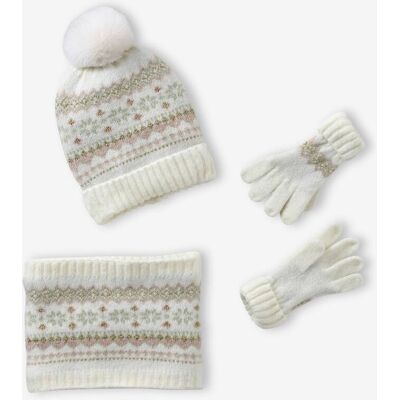 VERTBAUDET Conjunto em jacquard gorro + gola snood + luvas, para menina cru VERTBAUDET Conjunto em jacquard gorro + gola snood + luvas, para menina cru
