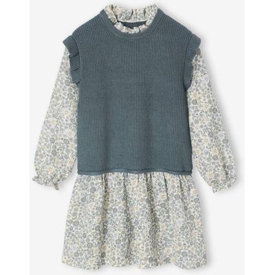 VERTBAUDET Vestido bimatéria efeito 2 em 1, para menina verde-abeto VERTBAUDET Vestido bimatéria efeito 2 em 1, para menina verde-abeto