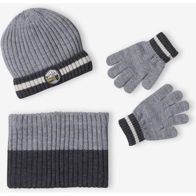 VERTBAUDET Conjunto gorro + gola snood + luvas «Montanhas», para menino cinza mesclado VERTBAUDET Conjunto gorro + gola snood + luvas «Montanhas», para menino cinza mesclado