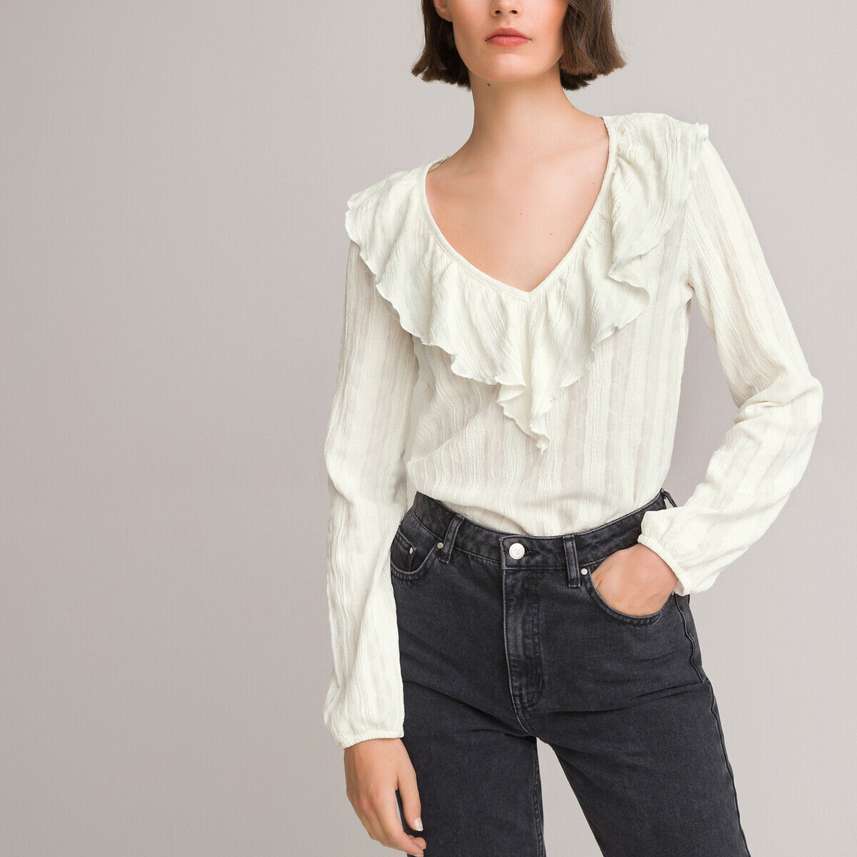 La Redoute Collections Camisola com decote em V e folhos, mangas tufadas   Marfim