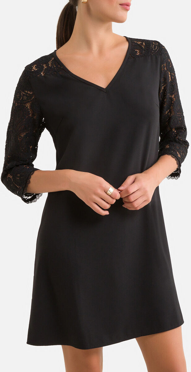 Freeman T. Porter Vestido curto de decote em V, renda nas mangas   Preto