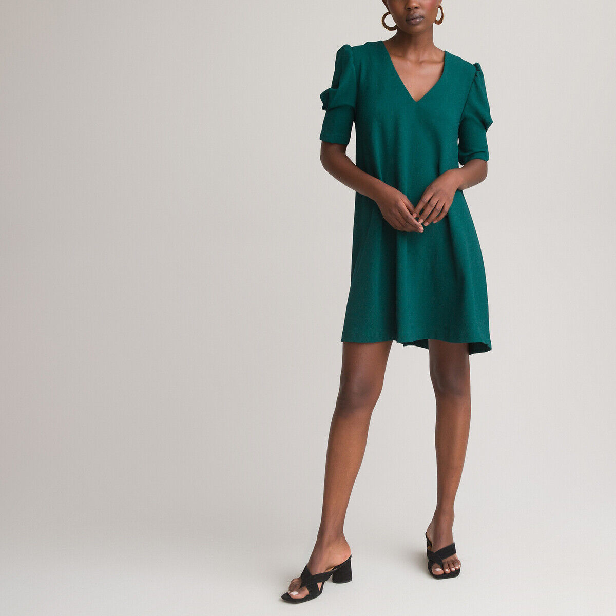 La Redoute Collections Vestido direito com decote em V, mangas curtas tufadas   Verde