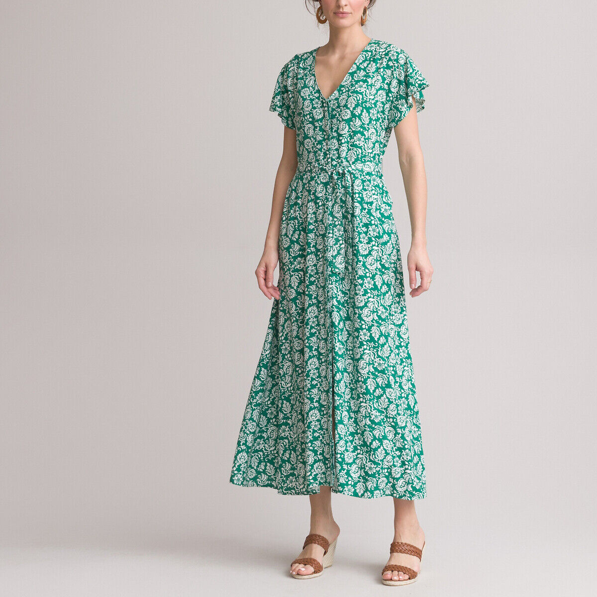 Anne Weyburn Vestido comprido evasé, estampado floral   estampado fundo verde