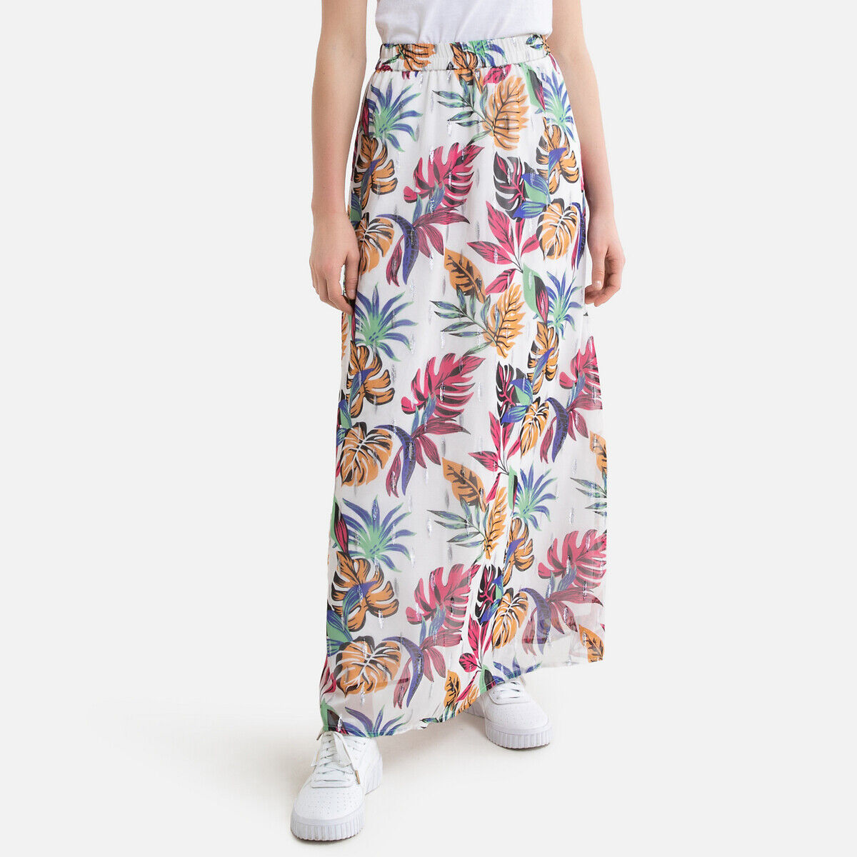 Vero Moda Saia com estampado tropical, cintura subida   estampado fundo cru