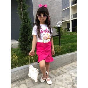 CaroKids Compleu Barbie 3 piese pentru fetite fusta, tricou si curea, Roz, 3-12 ani