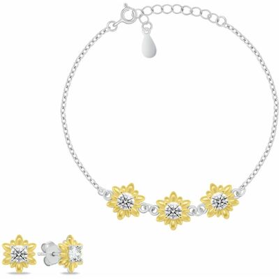 Brilio Silver Set floral de bijuterii bicolor cu zirconi SET279WY (cercei, brățară) Brilio Silver Set floral de bijuterii bicolor cu zirconi SET279WY (cercei, brățară)