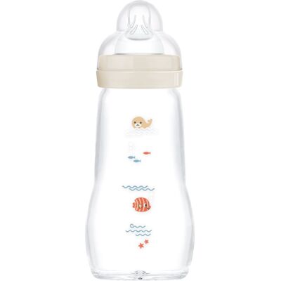 MAM Feel Good Glass Baby Bottle biberon anticolici, din sticlă 2m+ Beige 1 buc MAM Feel Good Glass Baby Bottle biberon anticolici, din sticlă 2m+ Beige 1 buc