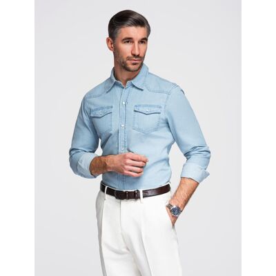 Ombre Cămașă bărbătească din denim cu buzunare alb XL male Ombre Cămașă bărbătească din denim cu buzunare alb XL male
