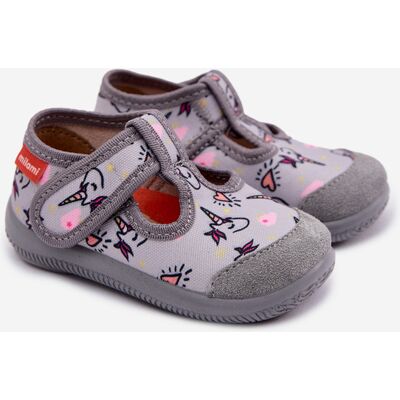 Papuci elastici pentru copii Milami cu unicorn gri 27 unisex Papuci elastici pentru copii Milami cu unicorn gri 27 unisex