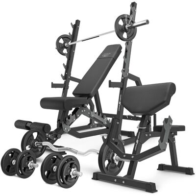Set MS6_2.0_83KG Banca cu reglare dublă + standuri poartă cu asigurare și reglare a distanței + bancă Scott cu suport reglabil + set de bare și plăci de greutate 83 kg - Marbo Sport Set MS6_2.0_83KG Banca cu reglare dublă + standuri poartă cu asigurare și reglare a distanței + bancă Scott cu suport reglabil + set de bare și plăci de greutate 83 kg - Marbo Sport