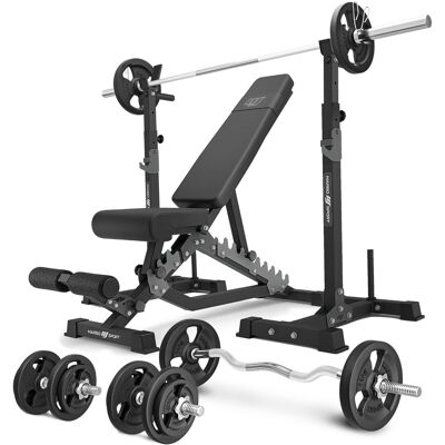 Set MS34_2.0_83KG Banca cu reglare dublă + standuri multilevel (2 piese) pentru halteră cu asigurare + set de bare și plăci de greutate 83 kg - Marbo Sport Set MS34_2.0_83KG Banca cu reglare dublă + standuri multilevel (2 piese) pentru halteră cu asigurare + set de bare și plăci de greutate 83 kg - Marbo Sport