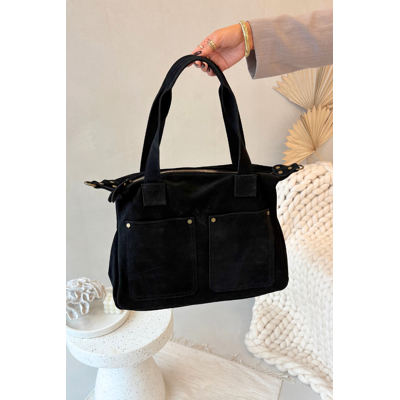 Boto Geantă din piele suede cu buzunare neagră Zephina universal Boto Geantă din piele suede cu buzunare neagră Zephina universal
