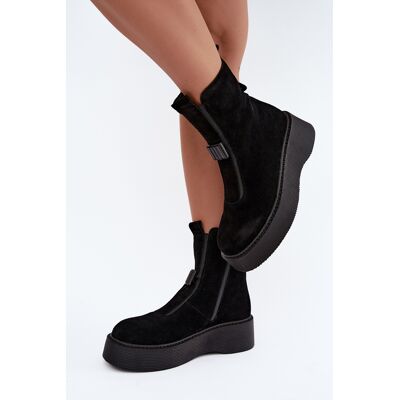 Botine negre din piele de nubuc natural cu platformă cu căptușeală D&A; CR62-3448 40 Botine negre din piele de nubuc natural cu platformă cu căptușeală D&A; CR62-3448 40