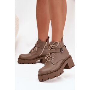 Botine din piele pentru femei cu toc pătrat cu bretea decorativă căptușită Zazoo 60557 bej închis 38 Botine din piele pentru femei cu toc pătrat cu bretea decorativă căptușită Zazoo 60557 bej închis 38
