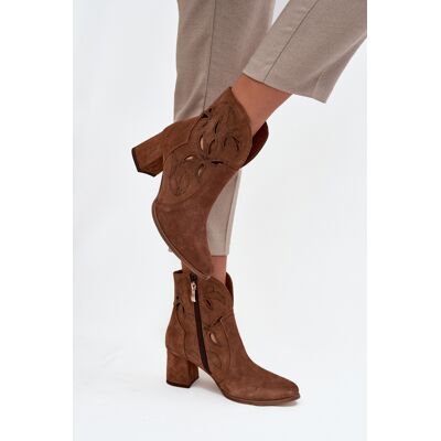Botine din piele întoarsă perforate pentru femei cu toc Zazoo 3647 maro 40 Botine din piele întoarsă perforate pentru femei cu toc Zazoo 3647 maro 40
