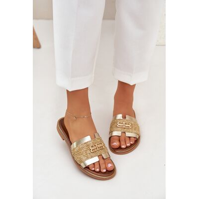 Sandalete din piele cu detaliu decorativ și împletitură Zazoo 40426 aurii 36 Sandalete din piele cu detaliu decorativ și împletitură Zazoo 40426 aurii 36