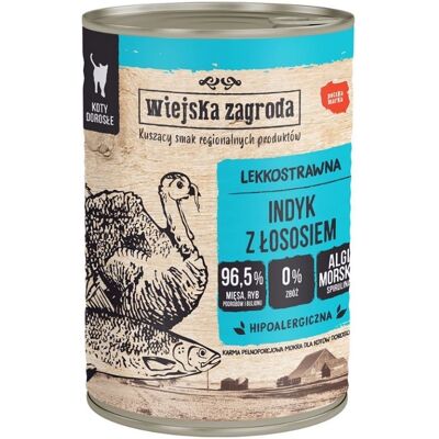 WIEJSKA ZAGRODA Conserva hrana cu somon si curcan, pentru pisici adulte 12x400 g WIEJSKA ZAGRODA Conserva hrana cu somon si curcan, pentru pisici adulte 12x400 g