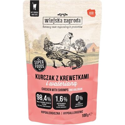 WIEJSKA ZAGRODA Hrană umedă pentru pisici, pui cu creveți și valeriană 24x100 g WIEJSKA ZAGRODA Hrană umedă pentru pisici, pui cu creveți și valeriană 24x100 g