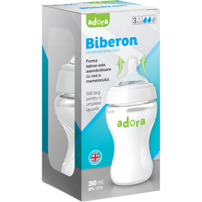 Biberon cu gat larg si tetina anticolici, 3-6 luni, 260ml, Adora Biberon cu gat larg si tetina anticolici, 3-6 luni, 260ml, Adora