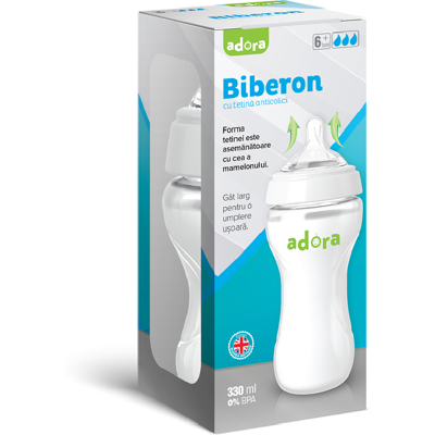 Biberon cu gat larg si tetina anticolici, 6 luni+, 330ml, Adora Biberon cu gat larg si tetina anticolici, 6 luni+, 330ml, Adora