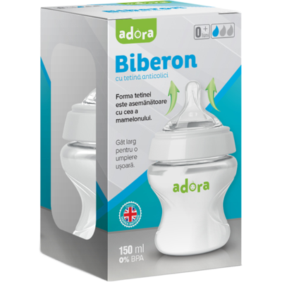 Biberon cu gat larg si tetina anticolici, 0-3 luni, 150ml, Adora Biberon cu gat larg si tetina anticolici, 0-3 luni, 150ml, Adora
