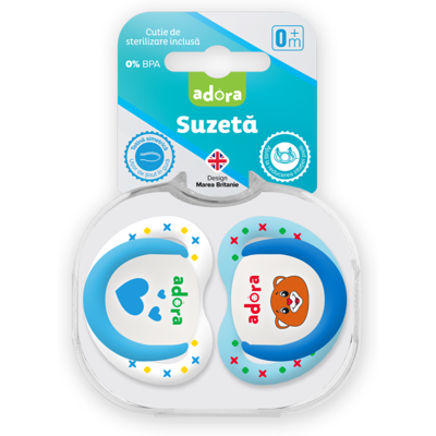 Suzeta din silicon, cu cutie de sterilizare, 0-6 luni, design baiat, 2 bucati, Adora Suzeta din silicon, cu cutie de sterilizare, 0-6 luni, design baiat, 2 bucati, Adora