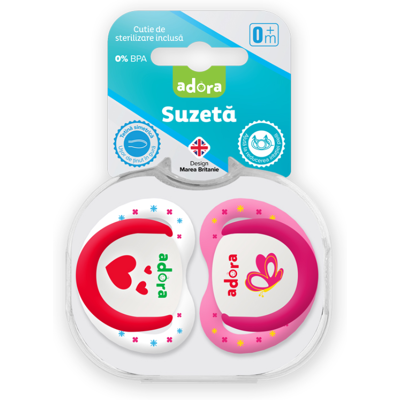 Suzeta din silicon, cu cutie de sterilizare, 0-6 luni, design fata, 2 bucati, Adora Suzeta din silicon, cu cutie de sterilizare, 0-6 luni, design fata, 2 bucati, Adora