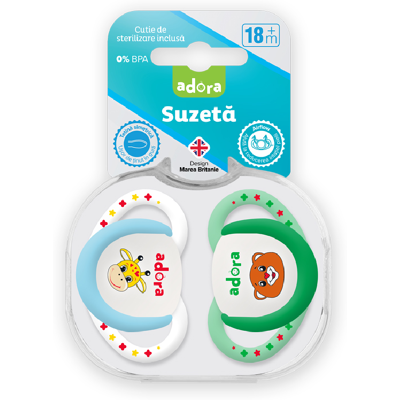 Suzeta din silicon, cu cutie de sterilizare, 18 luni +, design baiat, 2 bucati, Adora Suzeta din silicon, cu cutie de sterilizare, 18 luni +, design baiat, 2 bucati, Adora