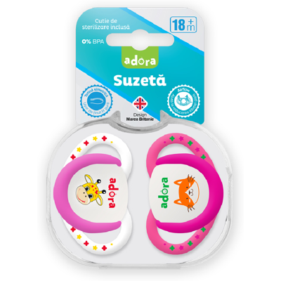 Suzeta din silicon, cu cutie de sterilizare, 18 luni +, design fata, 2 bucati, Adora Suzeta din silicon, cu cutie de sterilizare, 18 luni +, design fata, 2 bucati, Adora