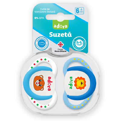 Suzeta din silicon, cu cutie de sterilizare, 6-18 luni, design baiat, 2 bucati, Adora Suzeta din silicon, cu cutie de sterilizare, 6-18 luni, design baiat, 2 bucati, Adora