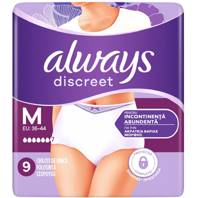 Chiloti pentru incontinenta urinara Discreet Plus, 6 picaturi, Marimea M, 9 bucati, Always Chiloti pentru incontinenta urinara Discreet Plus, 6 picaturi, Marimea M, 9 bucati, Always