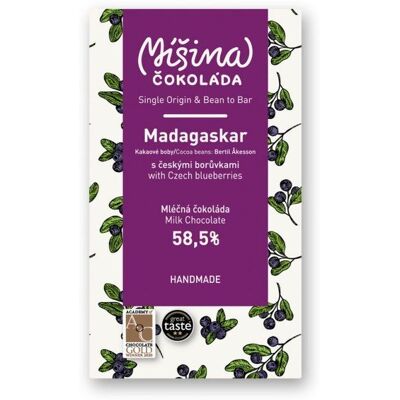 Míšina čokoláda Ciocolată cu lapte amestecată cu afine cehești 58,5%. Míšina čokoláda Ciocolată cu lapte amestecată cu afine cehești 58,5%.