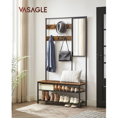 Cuier cu oglinda, bancheta si pantofar Vasagle, 98x35x180 cm, PAL/otel, maro rustic Cuier cu oglinda, bancheta si pantofar Vasagle, 98x35x180 cm, PAL/otel, maro rustic
