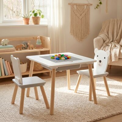 Set birou cu 2 scaune Bear, U-Grow, 60x48x44 cm / 26.5x26.5x48 cm, MDF/polipropilena, alb/natur Set birou cu 2 scaune Bear, U-Grow, 60x48x44 cm / 26.5x26.5x48 cm, MDF/polipropilena, alb/natur