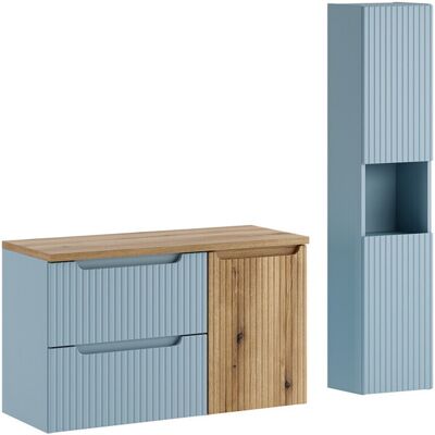 Set mobilier baie Nova Denim 100 cm, dulap inalt si masca lavoar cu cos de rufe integrat, Comad, MDF/PAL, albastru denim Set mobilier baie Nova Denim 100 cm, dulap inalt si masca lavoar cu cos de rufe integrat, Comad, MDF/PAL, albastru denim