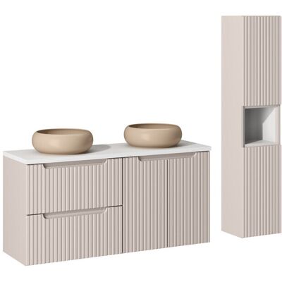 Set mobilier baie Nova Cashmere 120 cm, dulap inalt si masca dubla cu lavoar, Comad, MDF/PAL, casmir/alb Set mobilier baie Nova Cashmere 120 cm, dulap inalt si masca dubla cu lavoar, Comad, MDF/PAL, casmir/alb