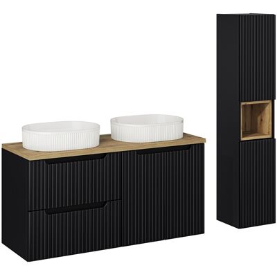 Set mobilier baie Nova Black Beyond 120 cm, dulap inalt si masca dubla cu lavoar, Comad, MDF/PAL, negru/stejar Set mobilier baie Nova Black Beyond 120 cm, dulap inalt si masca dubla cu lavoar, Comad, MDF/PAL, negru/stejar