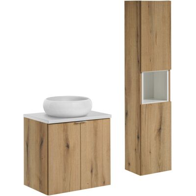 Set mobilier baie, Nova Oak 60 cm D, dulap inalt si masca cu lavoar, Comad, MDF/PAL, stejar/alb Set mobilier baie, Nova Oak 60 cm D, dulap inalt si masca cu lavoar, Comad, MDF/PAL, stejar/alb