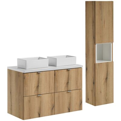 Set mobilier baie Nova Oak 100 cm, dulap inalt si masca dubla cu lavoar, Comad, MDF/PAL, stejar/alb Set mobilier baie Nova Oak 100 cm, dulap inalt si masca dubla cu lavoar, Comad, MDF/PAL, stejar/alb