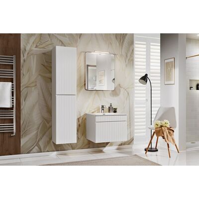 Set mobilier baie Iconic White 60 cm, dulap inalt, masca cu lavoar si oglinda cu lampa, Comad, MDF/PAL, alb Set mobilier baie Iconic White 60 cm, dulap inalt, masca cu lavoar si oglinda cu lampa, Comad, MDF/PAL, alb