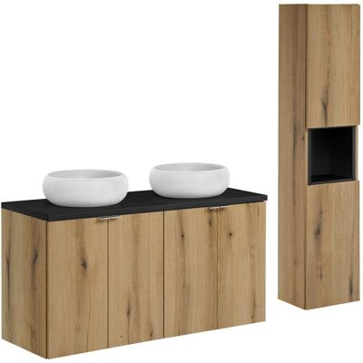 Set mobilier baie Nova Oak 120 cm, dulap inalt si masca dubla cu lavoar, Comad, MDF/PAL, stejar/negru Set mobilier baie Nova Oak 120 cm, dulap inalt si masca dubla cu lavoar, Comad, MDF/PAL, stejar/negru