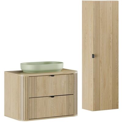 Set mobilier baie, Ovalia Cremona River 80 cm, dulap inalt si masca cu lavoar, Comad, MDF/PAL, stejar Set mobilier baie, Ovalia Cremona River 80 cm, dulap inalt si masca cu lavoar, Comad, MDF/PAL, stejar
