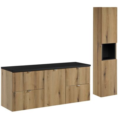 Set mobilier baie Nova Oak 140 cm S HC, dulap inalt si masca dubla lavoar, Comad, MDF/PAL, stejar/negru Set mobilier baie Nova Oak 140 cm S HC, dulap inalt si masca dubla lavoar, Comad, MDF/PAL, stejar/negru