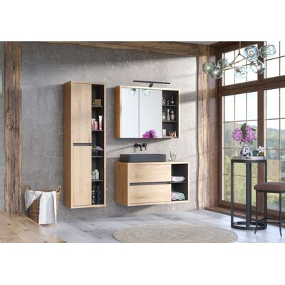 Set mobilier baie Devon 100 cm, dulap inalt, masca cu lavoar si cabinet cu oglinda, Comad, PAL, stejar/negru Set mobilier baie Devon 100 cm, dulap inalt, masca cu lavoar si cabinet cu oglinda, Comad, PAL, stejar/negru