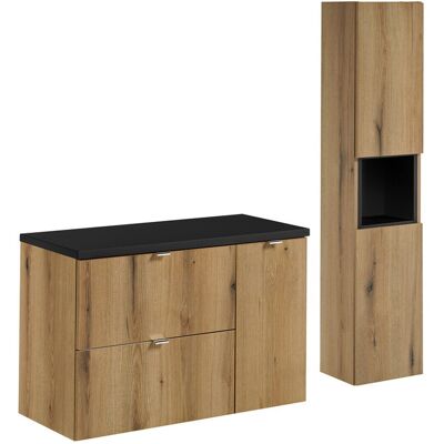 Set mobilier baie Nova Oak 90 cm, dulap inalt si masca lavoar, Comad, MDF/PAL, stejar/negru Set mobilier baie Nova Oak 90 cm, dulap inalt si masca lavoar, Comad, MDF/PAL, stejar/negru