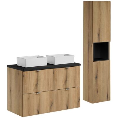 Set mobilier baie Nova Oak 100 cm, dulap inalt si masca dubla cu lavoar, Comad, MDF/PAL, stejar/negru Set mobilier baie Nova Oak 100 cm, dulap inalt si masca dubla cu lavoar, Comad, MDF/PAL, stejar/negru