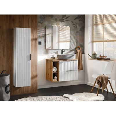 Set mobilier Adel White Wotan Anna, dulap inalt, masca cu lavoar si oglinda cu LED, Comad, alb/stejar Set mobilier Adel White Wotan Anna, dulap inalt, masca cu lavoar si oglinda cu LED, Comad, alb/stejar
