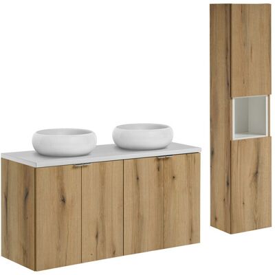 Set mobilier baie Nova Oak 120 cm, dulap inalt si masca dubla cu lavoar, Comad, MDF/PAL, stejar/alb Set mobilier baie Nova Oak 120 cm, dulap inalt si masca dubla cu lavoar, Comad, MDF/PAL, stejar/alb