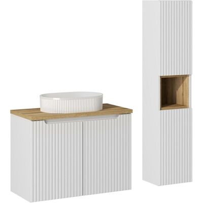 Set mobilier baie Nova White Beyond 80 cm, dulap inalt si masca cu lavoar, Comad, MDF/PAL, alb/stejar Set mobilier baie Nova White Beyond 80 cm, dulap inalt si masca cu lavoar, Comad, MDF/PAL, alb/stejar